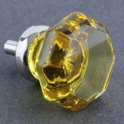1-3/8" Octagon Cut Glass Knob Amber With Chrome