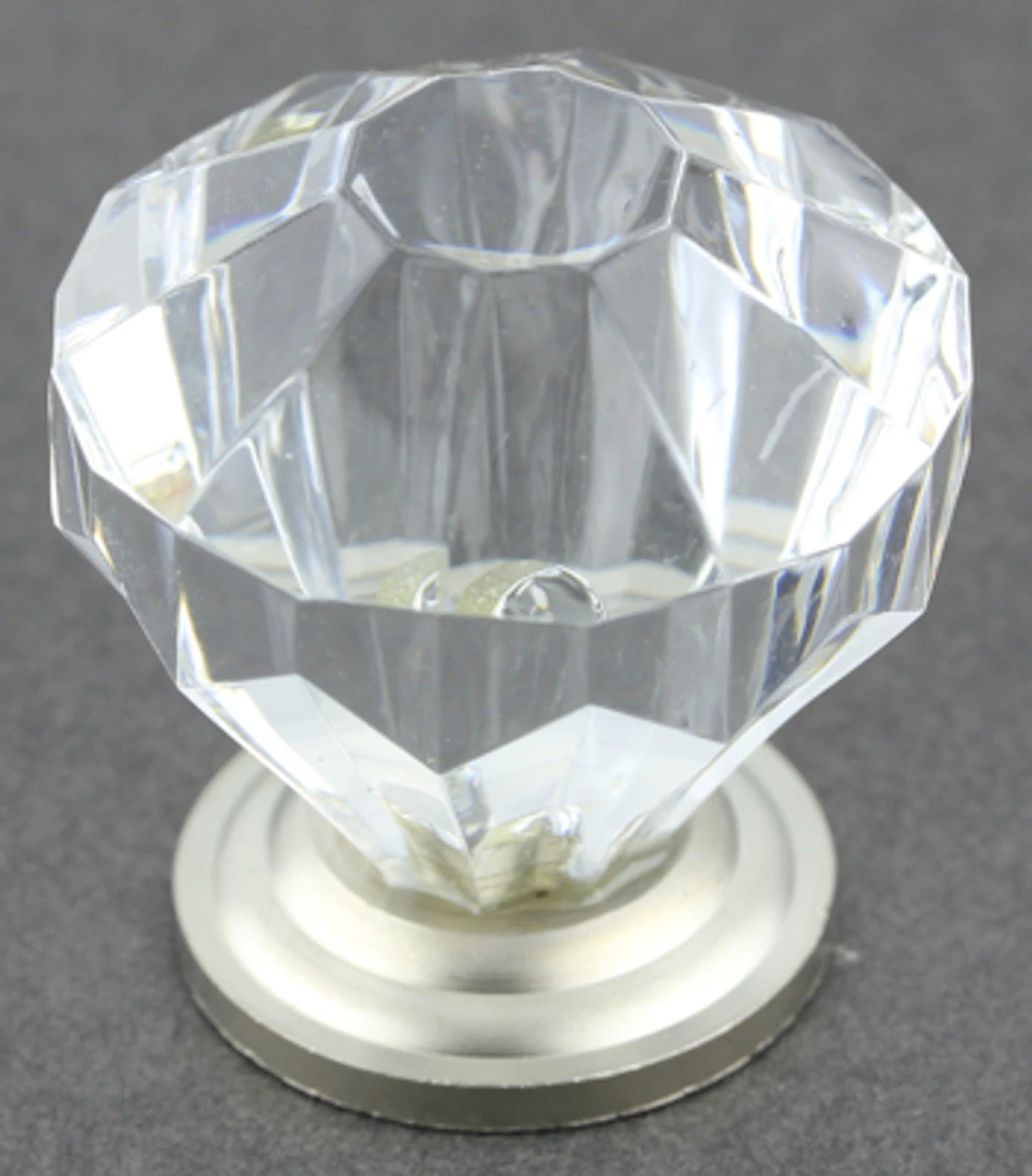 1-1/4" Diamond Cut Acrylic Knob Clear With Satin Nickel Base 1 1-1/4" Diamond Cut Acrylic Knob Clear With Satin Nickel Base