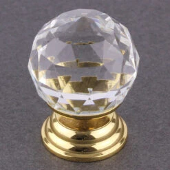 1-3/16" Cut Glass Knob Clear With 24k Gold Plated Base
