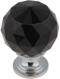 1-1/4" Faceted Glass Knob Black With Polished Chrome