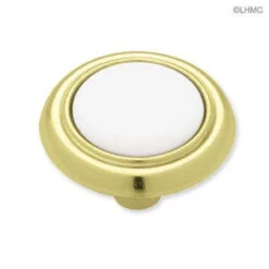 1-1/4" White Ceramic Insert Knob Brass Plated