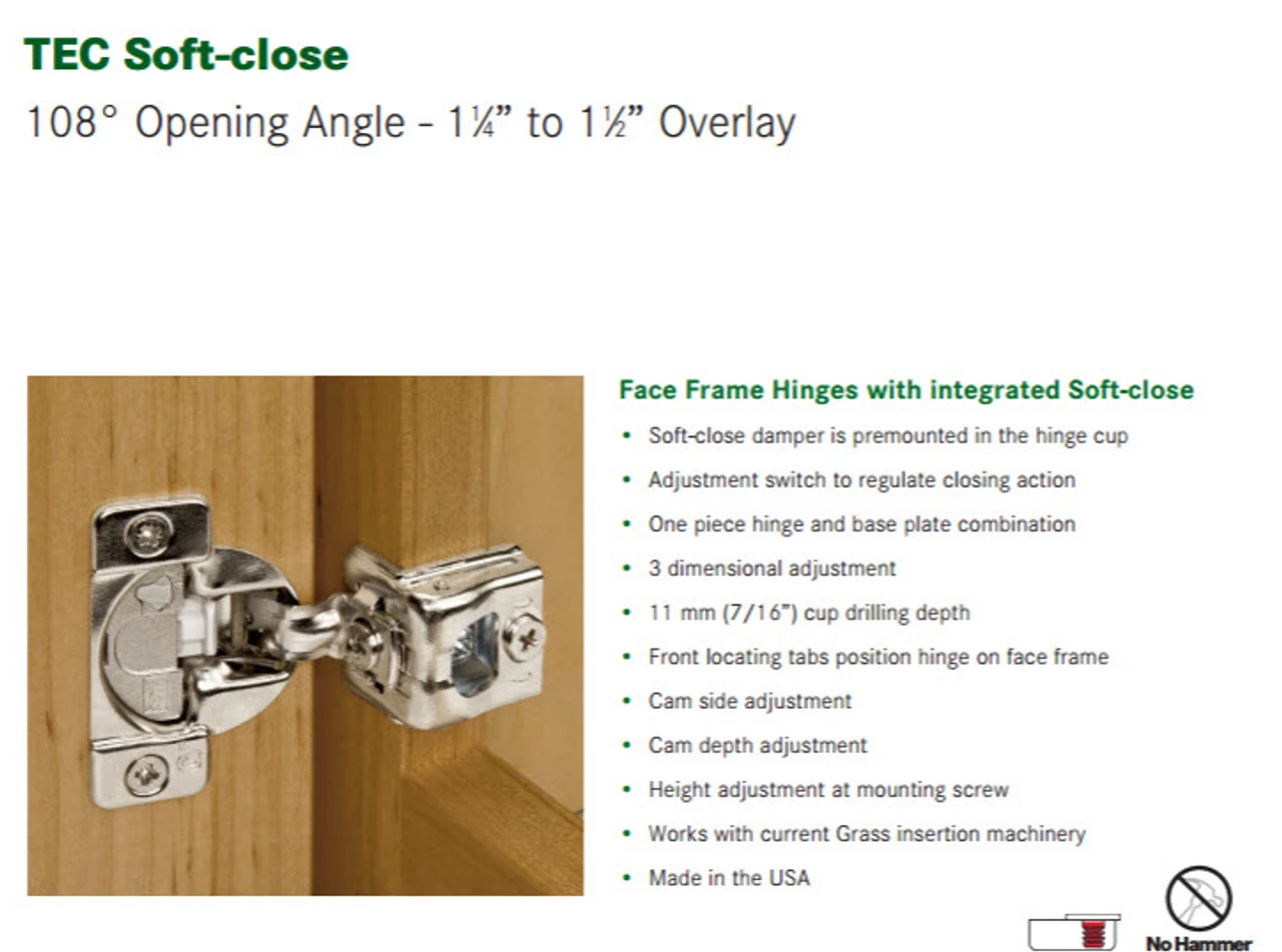 Pair Soft Close 1-1/4" Overlay Compact Hinges Grass America H1531SL-NP-U 2 Pair Soft Close 1-1/4" Overlay Compact Hinges Grass America H1531SL-NP-U - Image 2