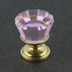 7/8" Pink Cut Crystal Glass Knob With 24k Gold Plated Base