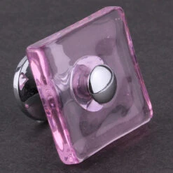 1-3/8" Square Glass Knob Pink With Chrome Base