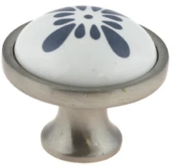 Liberty 1-1/4" Blue-Grey Flower On White Ceramic Knob Satin Nickel