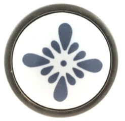 Liberty 1-1/4" Blue-Grey Flower On White Ceramic Knob Satin Nickel -D'Lawless Hardware Shop satin nickel knob teal petal ceramic center lq pbf650y b c 23 97550.1643140338
