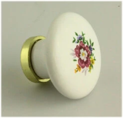 1-1/2" Floral Ceramic Knob White With Brass Backplate